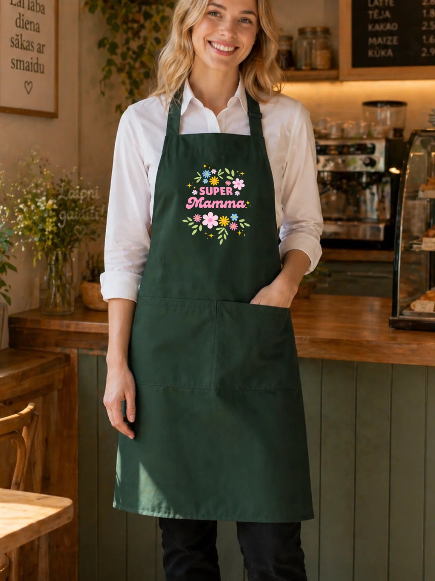 Image of the "Super Mom" apron – available at Šarlotes audumi