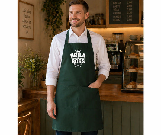 Image of dark green apron "Grill Boss" – available at Charlotte fabrics