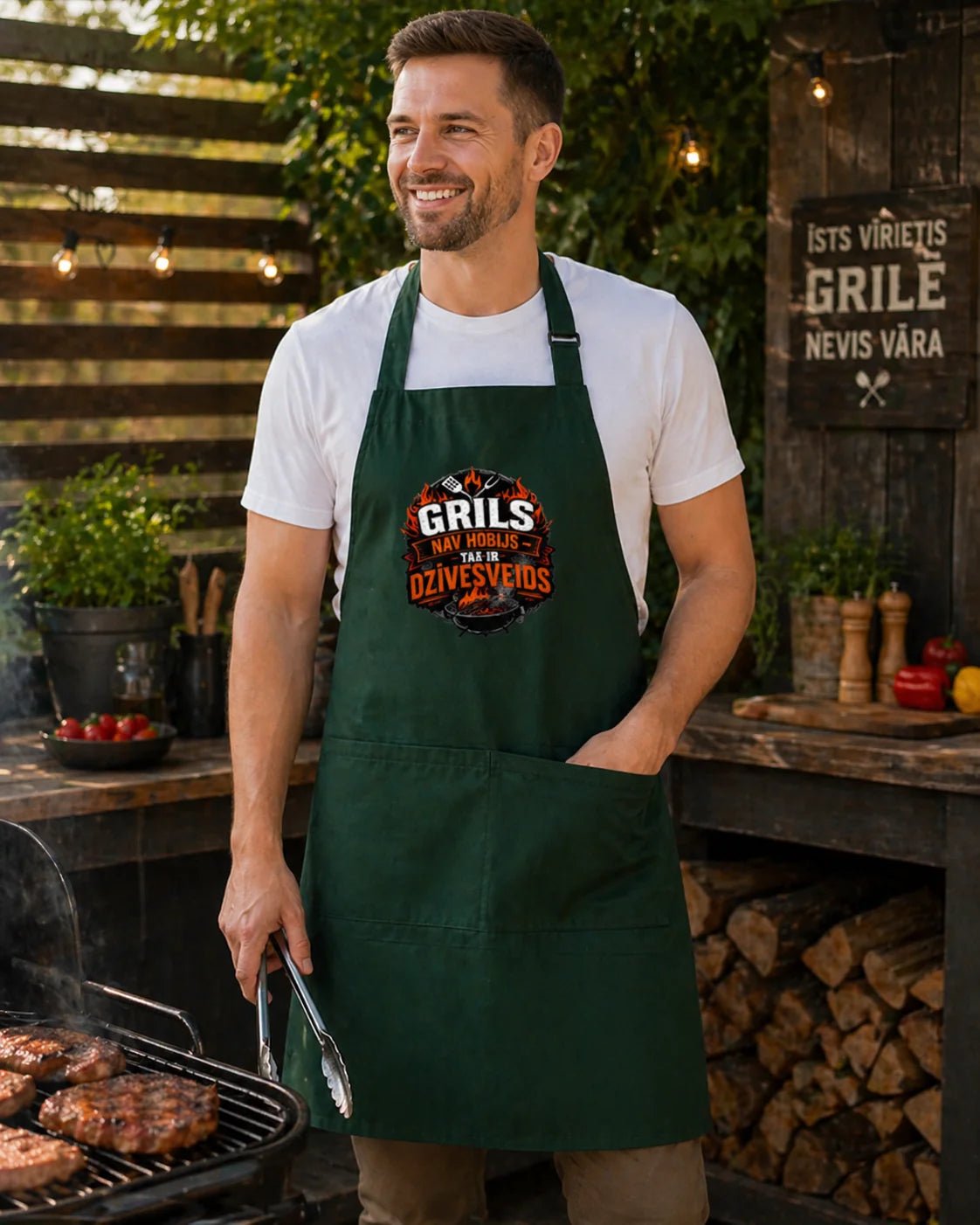 Image of a dark green apron "Grilling is a way of life" – available at Šarlotes audumi