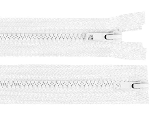 Image of a white two-way tractor zipper – available at Šarlotes audumi