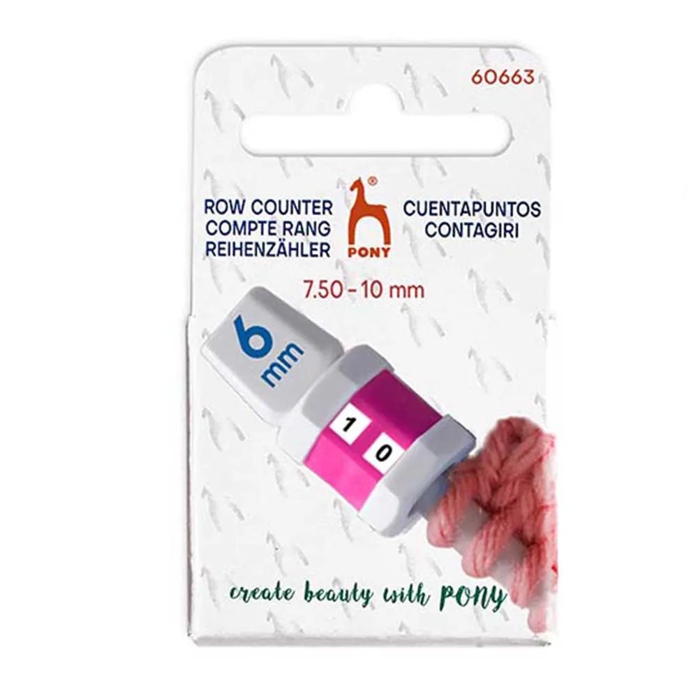 Zdjęcie przedstawiające licznik rzędów Pony w rozmiarach S i L do precyzyjnego robienia na drutach (2.00–7.50 mm) – dostępny w Šarlotes audumi