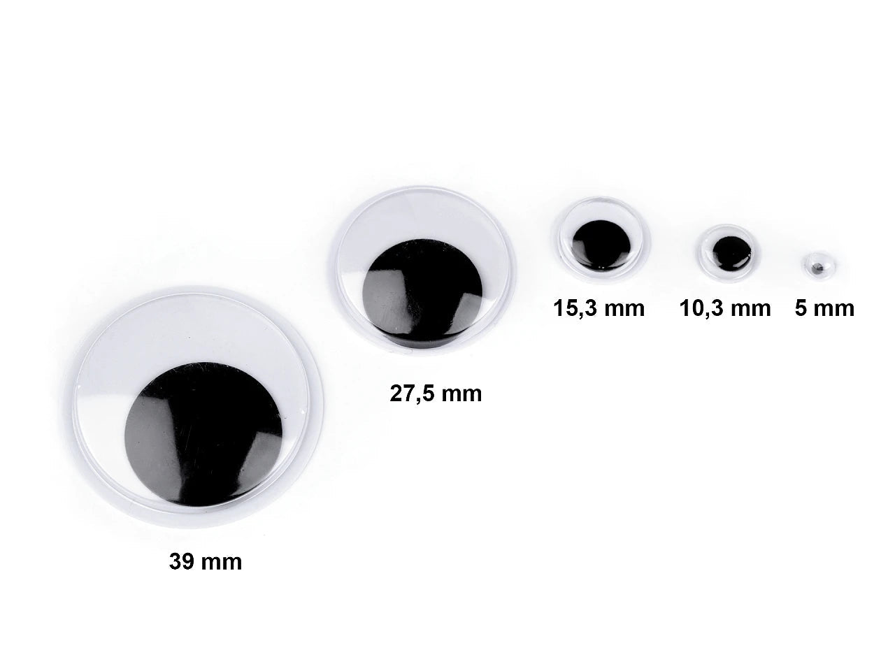 Zdjęcie przedstawiające oczy do zabawek z taśmą klejącą 5; 10.3; 15.3 mm MIX 130 szt. – dostępne w Šarlotes audumi
