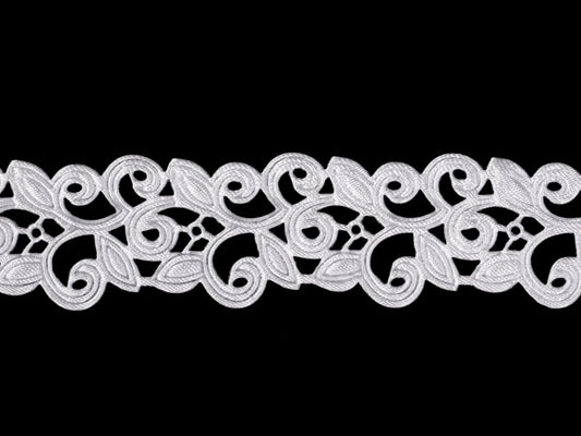 Image of satin lace ribbon (laser-cut) | 22 mm white – available at Šarlotes audumi