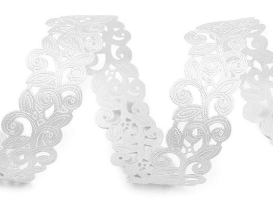 Image of satin lace ribbon (laser-cut) | 22 mm white – available at Šarlotes audumi