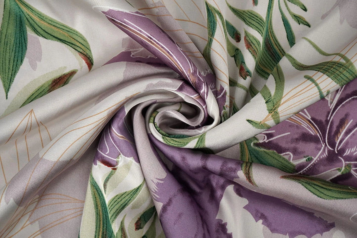 Satin with elastane - lilac orchids 80 g/m²