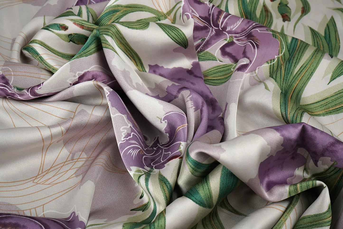 Satin with elastane - lilac orchids 80 g/m²