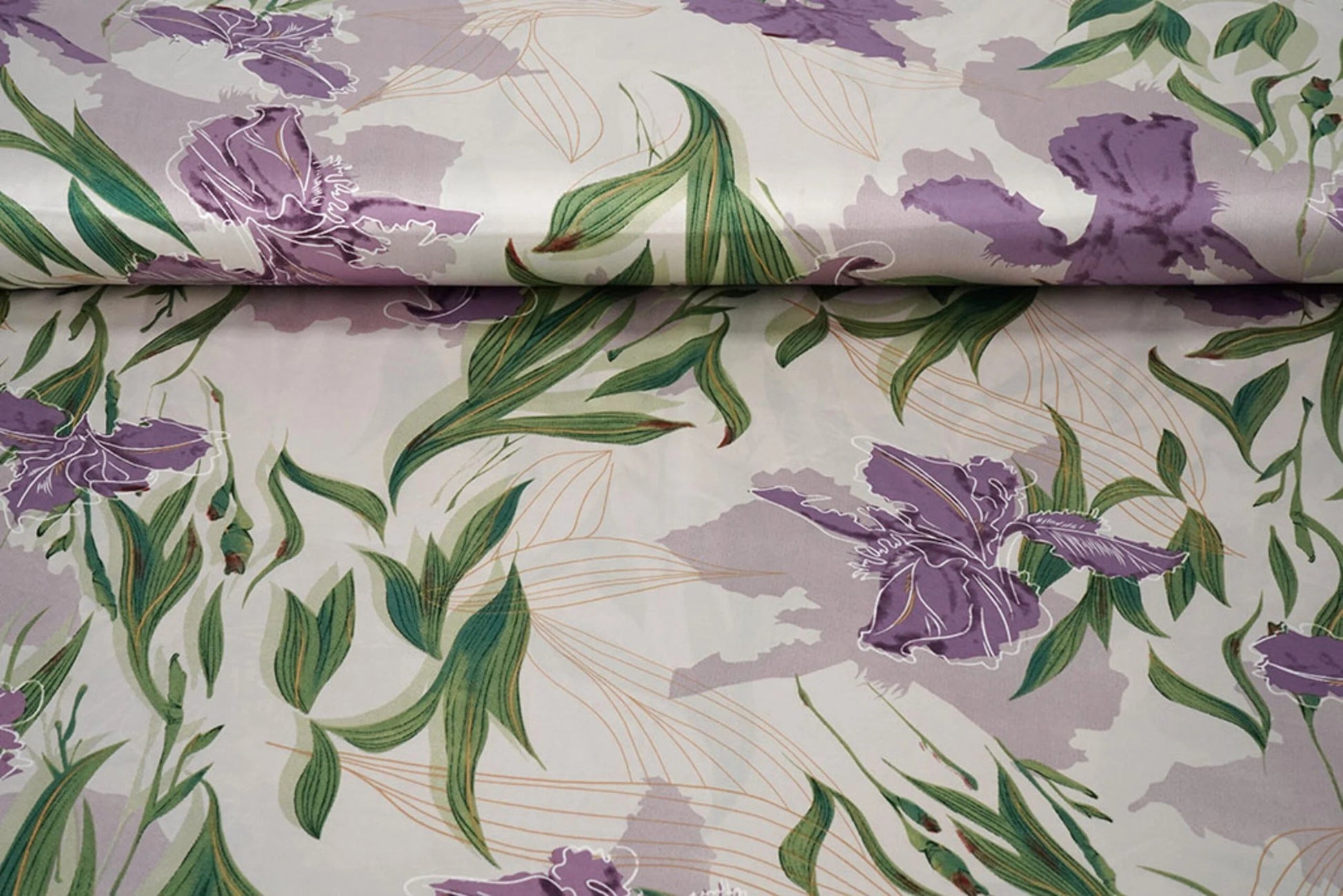 Satin with elastane - lilac orchids 80 g/m²