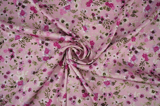 Satin with elastane - flowers on pink 80 g/m²