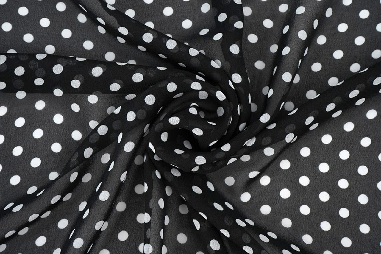 Chiffon - white dots on a black background | 150 cm | 65 g/m²