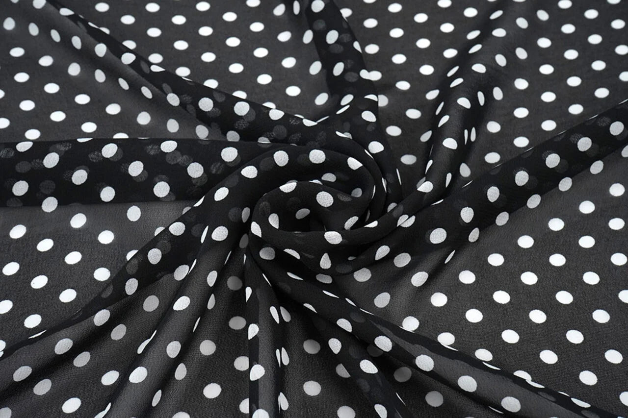 Chiffon - white polka dots on a black background | 150 cm | 65 g/m²