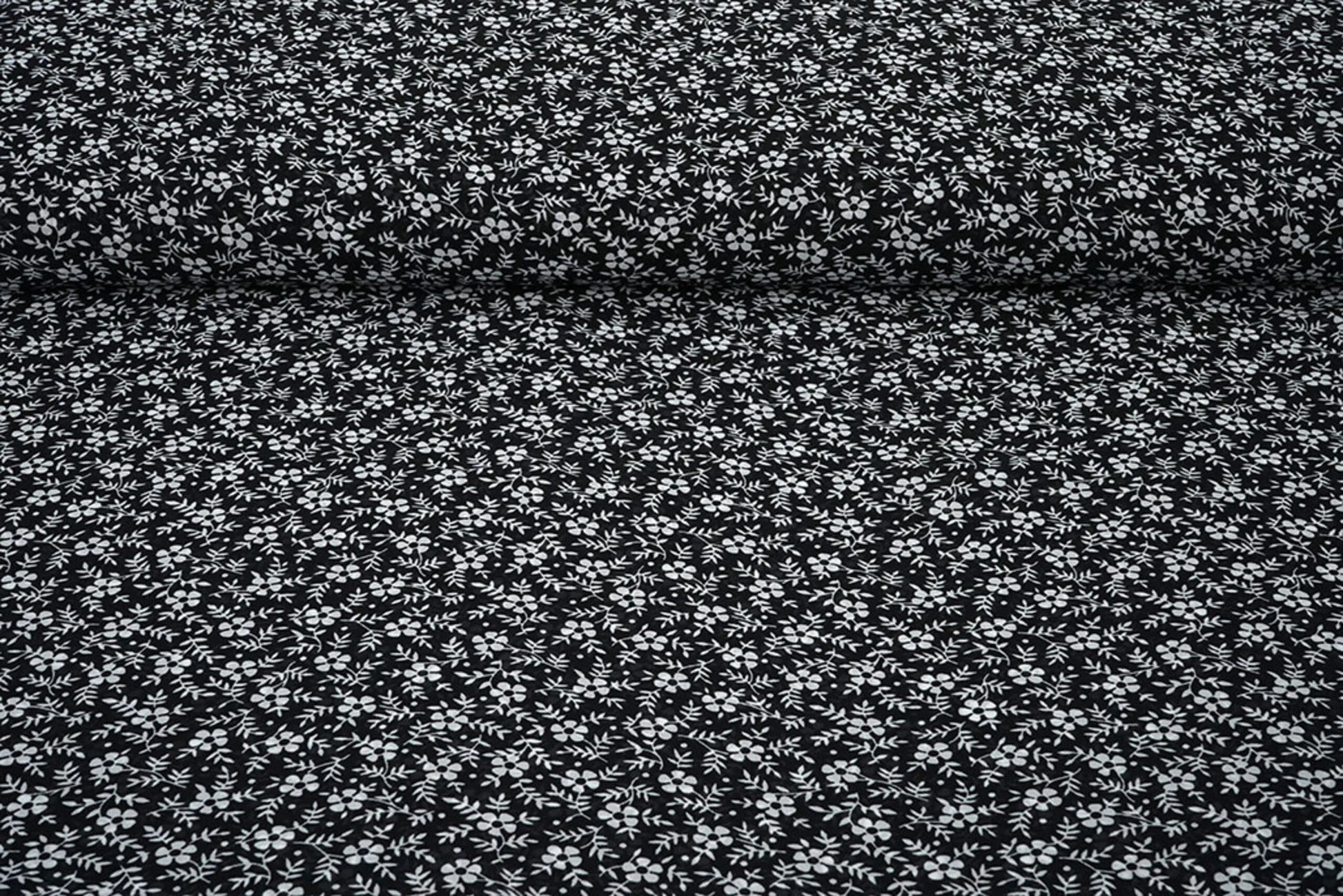 Chiffon - white flowers on a black background | 150 cm | 65 g/m²