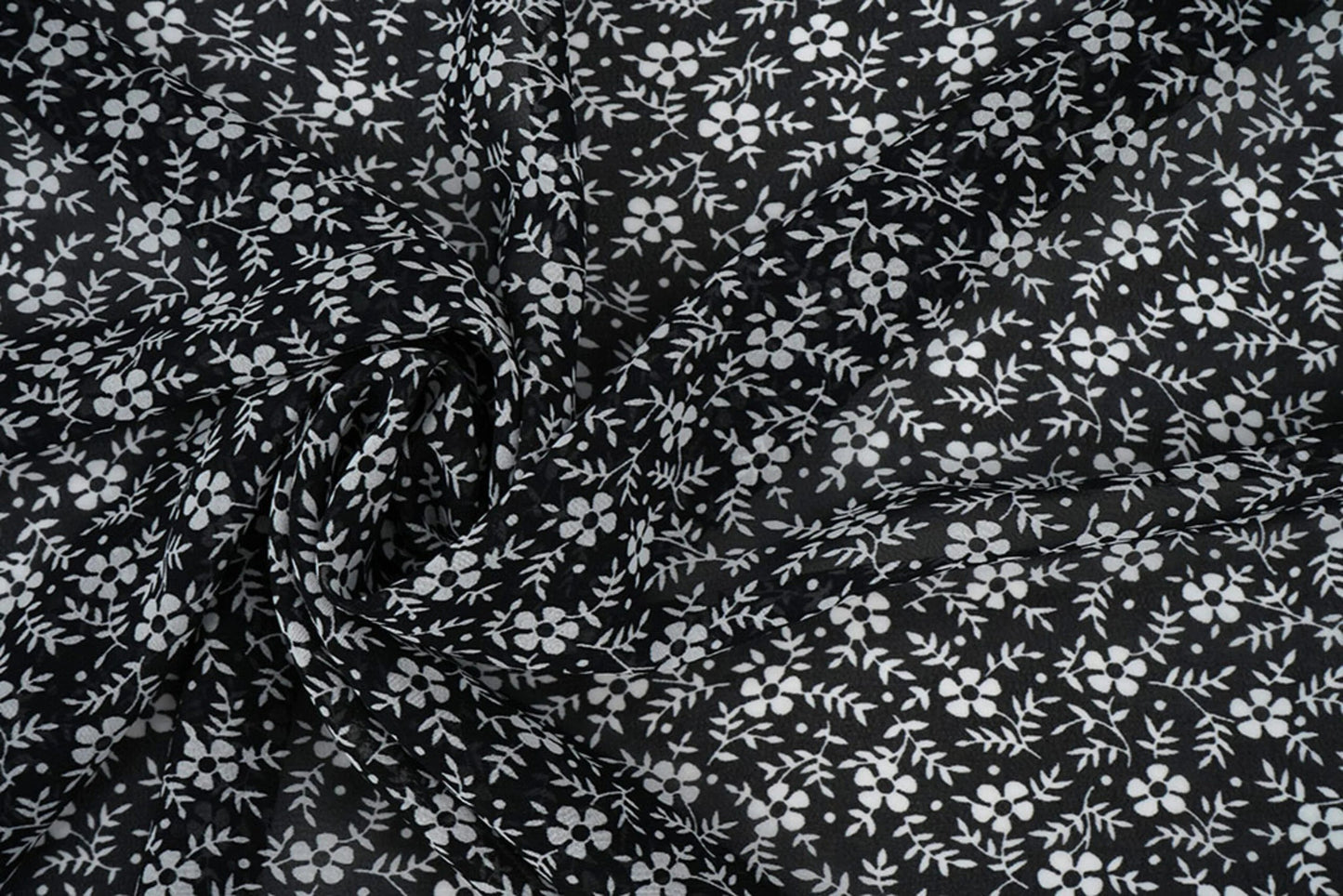 Chiffon - white flowers on a black background | 150 cm | 65 g/m²