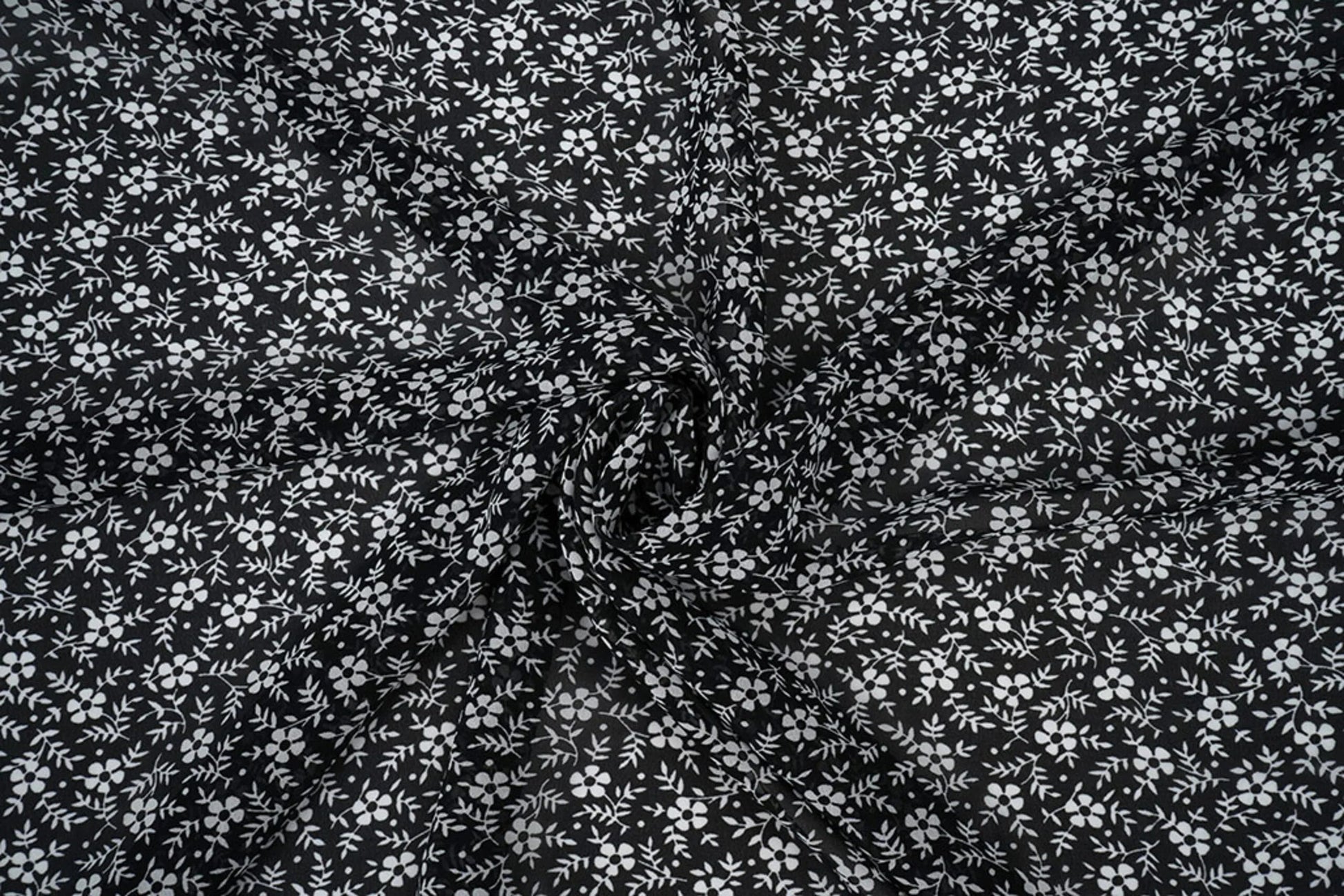 Chiffon - white flowers on a black background | 150 cm | 65 g/m²