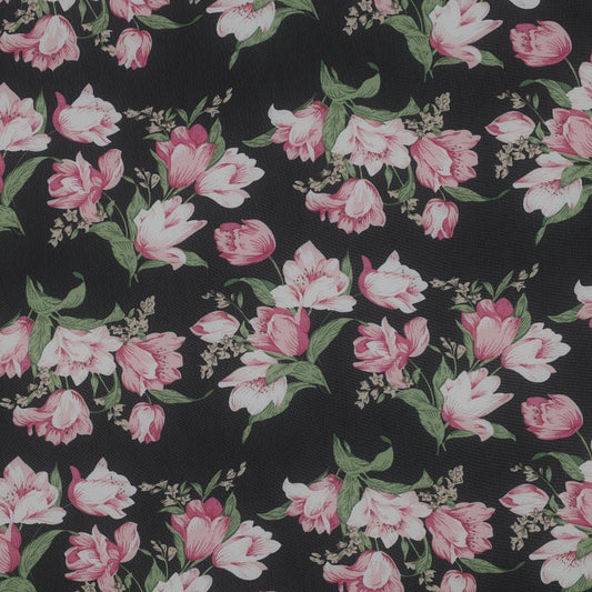 Chiffon - pink tulips and forget-me-nots | 150 cm | 80 g/m²
