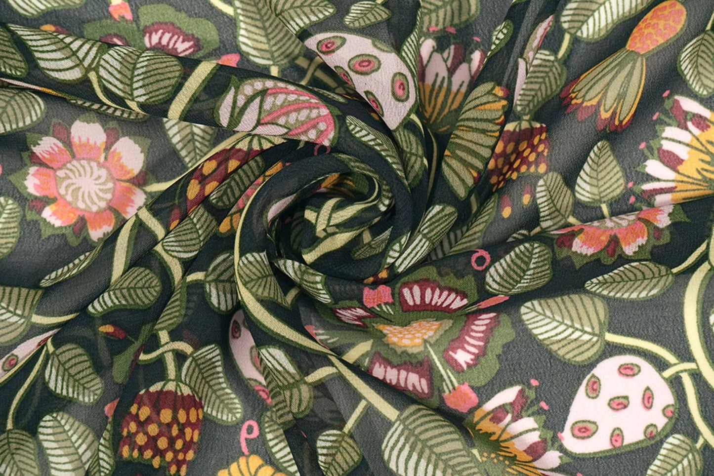 Image with chiffon - flowers with green strings | 150 cm | 65 g/m² – available at Charlotte’s Fabrics