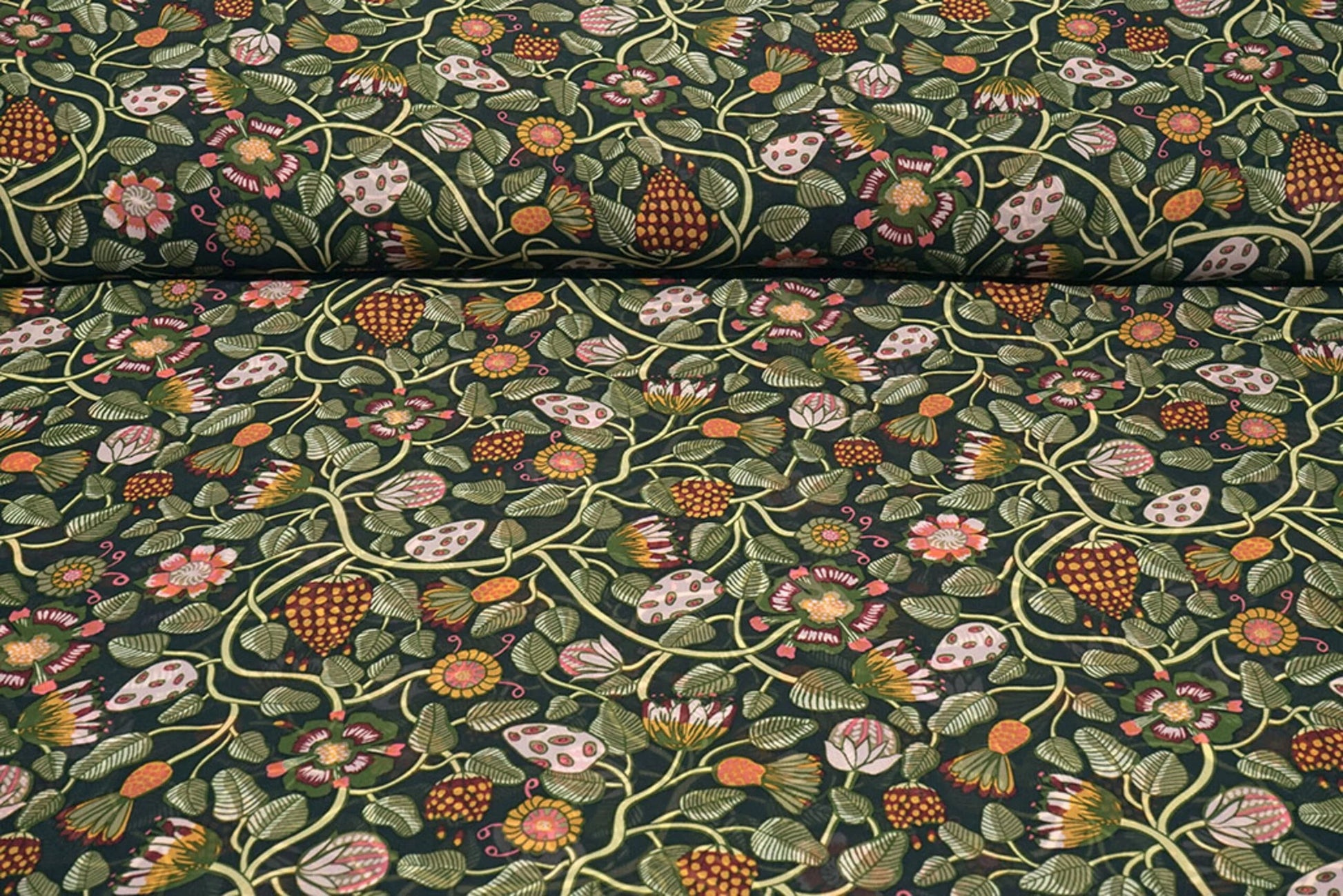 Image with Chiffon - flowers with green stems| 150 cm | 65 g/m² – available at Šarlotes audumi