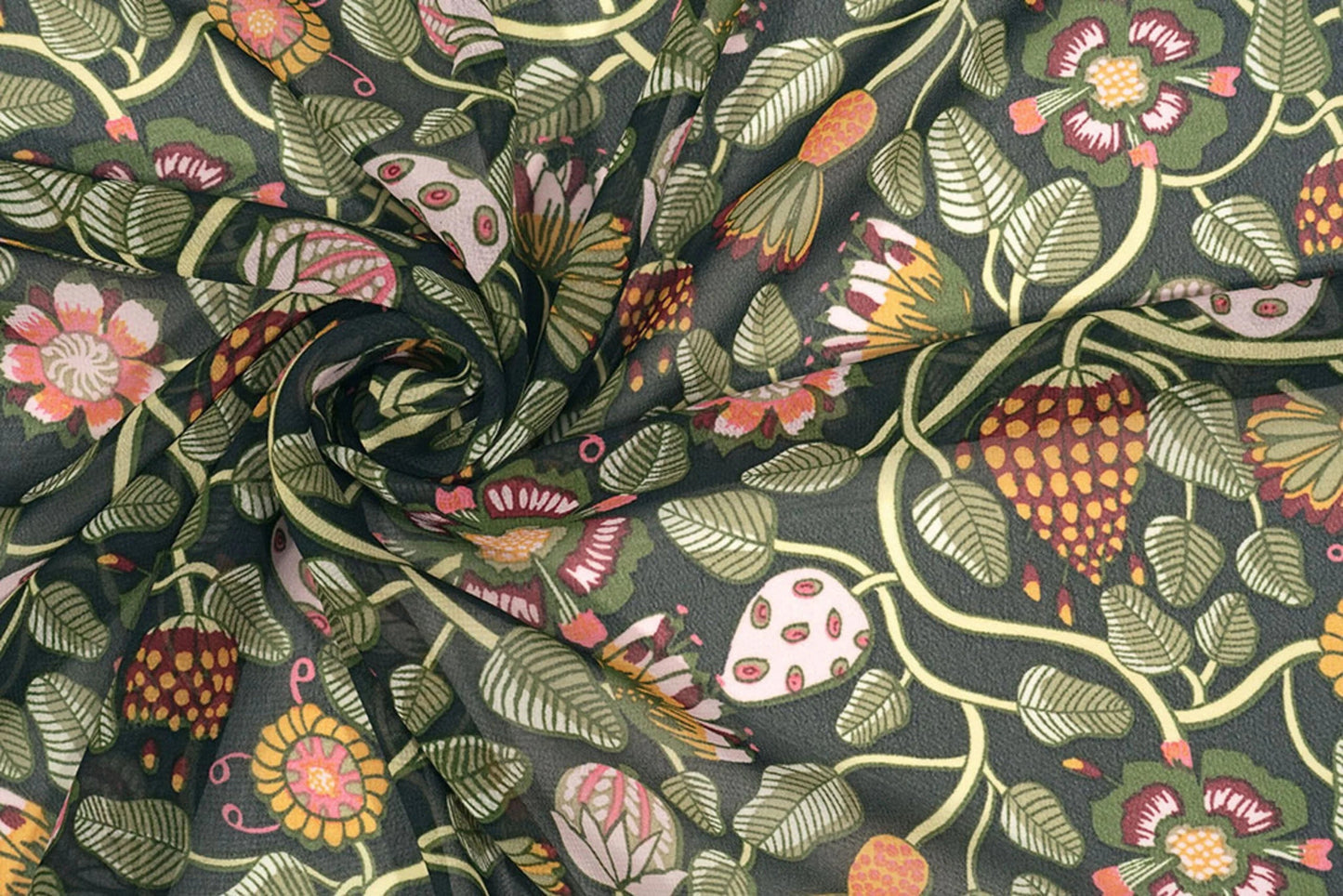 Image with Chiffon - flowers with green strands | 150 cm | 65 g/m² – available at Charlotte's Fabrics