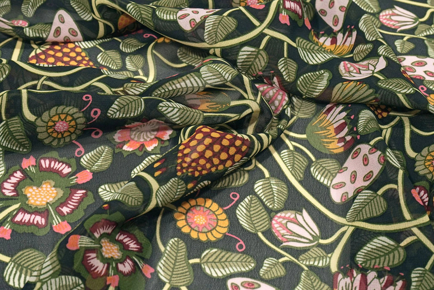 Image with Chiffon - flowers with green threads| 150 cm | 65 g/m² – available at Charlotte's Fabrics