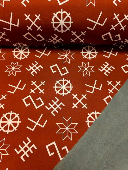 Softshell fabric with Latvian power symbols on a brownish-red background 310 g/m²