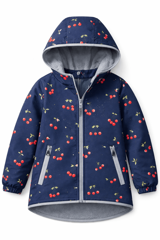 Image with Softshell fabric - cherries on dark blue 300 g/m² – available at Charlotte’s fabrics