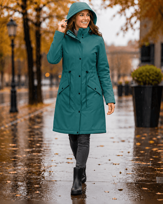Zdjęcie z wodoodpornym materiałem softshell – zielony petrolowy / Petrol Green – dostępny online w Šarlotes audumi