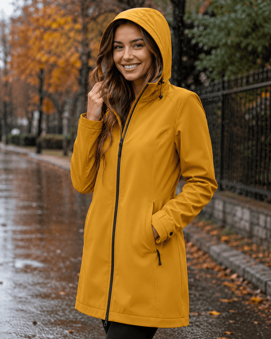Zdjęcie wodoodpornego materiału softshell w odcieniu musztardowym – dostępny online Šarlotes audumi