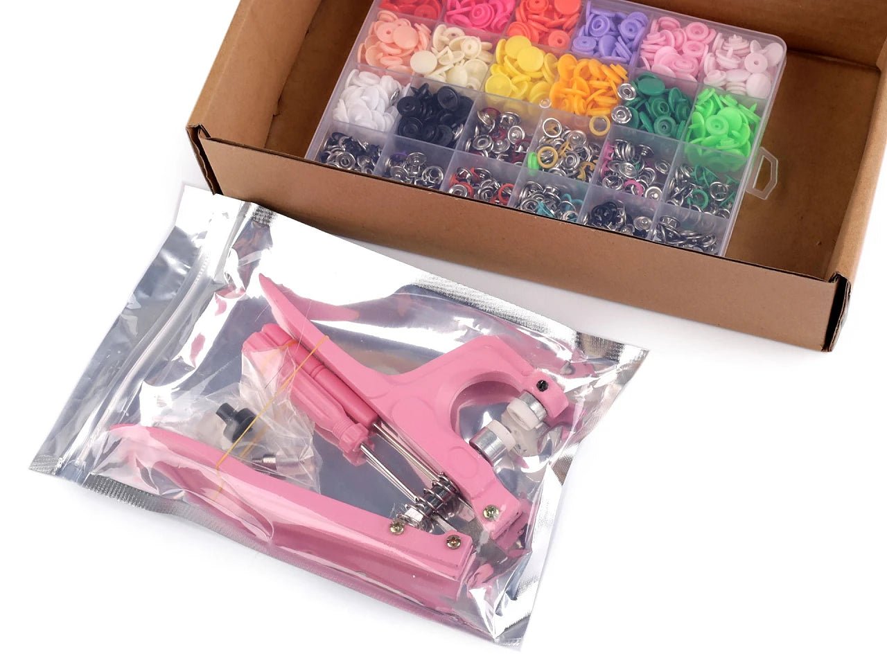 Image of a snap fastener set with pliers – complete starter sewing kit – available at Charlotte's Fabrics