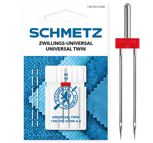 Image of a SCHMETZ UNIVERSAL TWIN ZWI double universal sewing machine needle - No. 4/90 – available at Charlotte's Fabrics