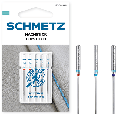 Igły do maszyn do szycia do ściegów ozdobnych SCHMETZ TOPSTITCH NEEDLES - nr 80/90/100 (5 szt.)