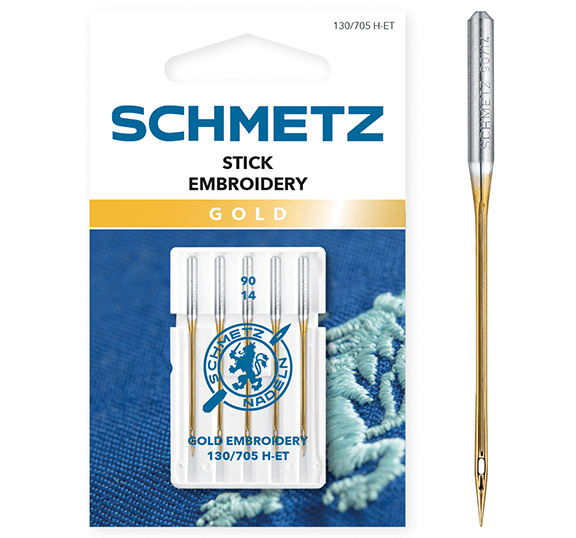 Zdjęcie igieł do haftowania do maszyny do szycia SCHMETZ EMBROIDERY GOLD NEEDLES – nr 90 (5 szt.) – dostępne w Šarlotes audumi
