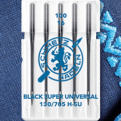 Zdjęcie przedstawiające uniwersalne igły do maszyny do szycia SCHMETZ BLACK SUPER UNIVERSAL–nr 100 (5 szt.) – dostępne w Šarlotes audumi