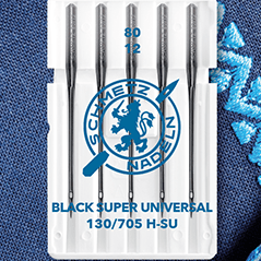 Zdjęcie z uniwersalnymi igłami do maszyny do szycia SCHMETZ BLACK SUPER UNIVERSAL–nr 80 (5 szt.) – dostępne w Šarlotes audumi