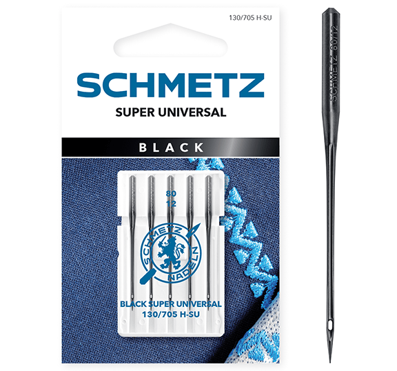 zdjęcie z uniwersalnymi igłami do maszyny do szycia SCHMETZ BLACK SUPER UNIVERSAL – nr 80 (5 szt.) – dostępne w Šarlotes audumi
