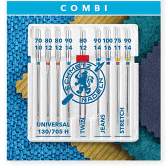 Image with sewing machine needle set SCHMETZ CREATIVE 9 UNIVERSAL/ZWI/STRETCH/JEANS (9 pcs) – available at Šarlotes audumi