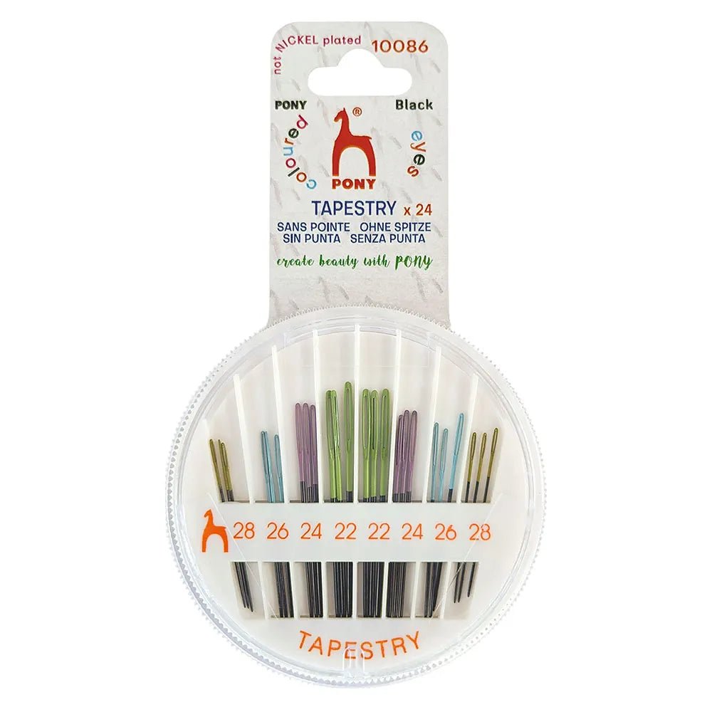 Attēls ar Šūšanas adatas, Pony Black Tapestry Needles — krāsainas actiņas, izm. 22–28 – pieejams internetā Šarlotes audumi