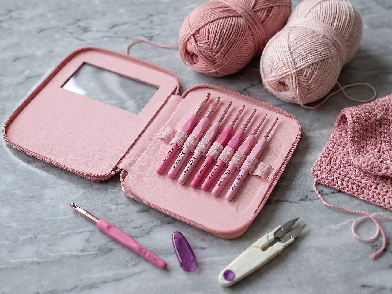 Image of a crochet hook set with case and thread scissors – available online at Charlotte Fabrics