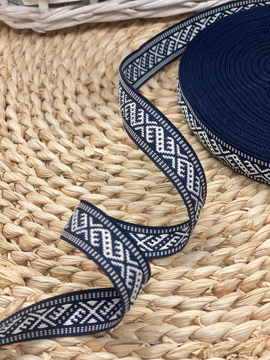 Folk ribbon, 15mm wide - dark blue with a white pattern - LV