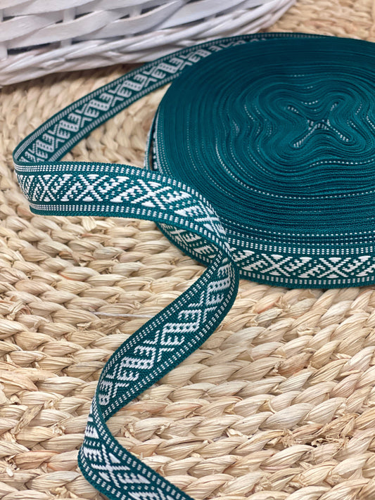 Ethnic ribbon, 15mm - green with a white pattern - LV