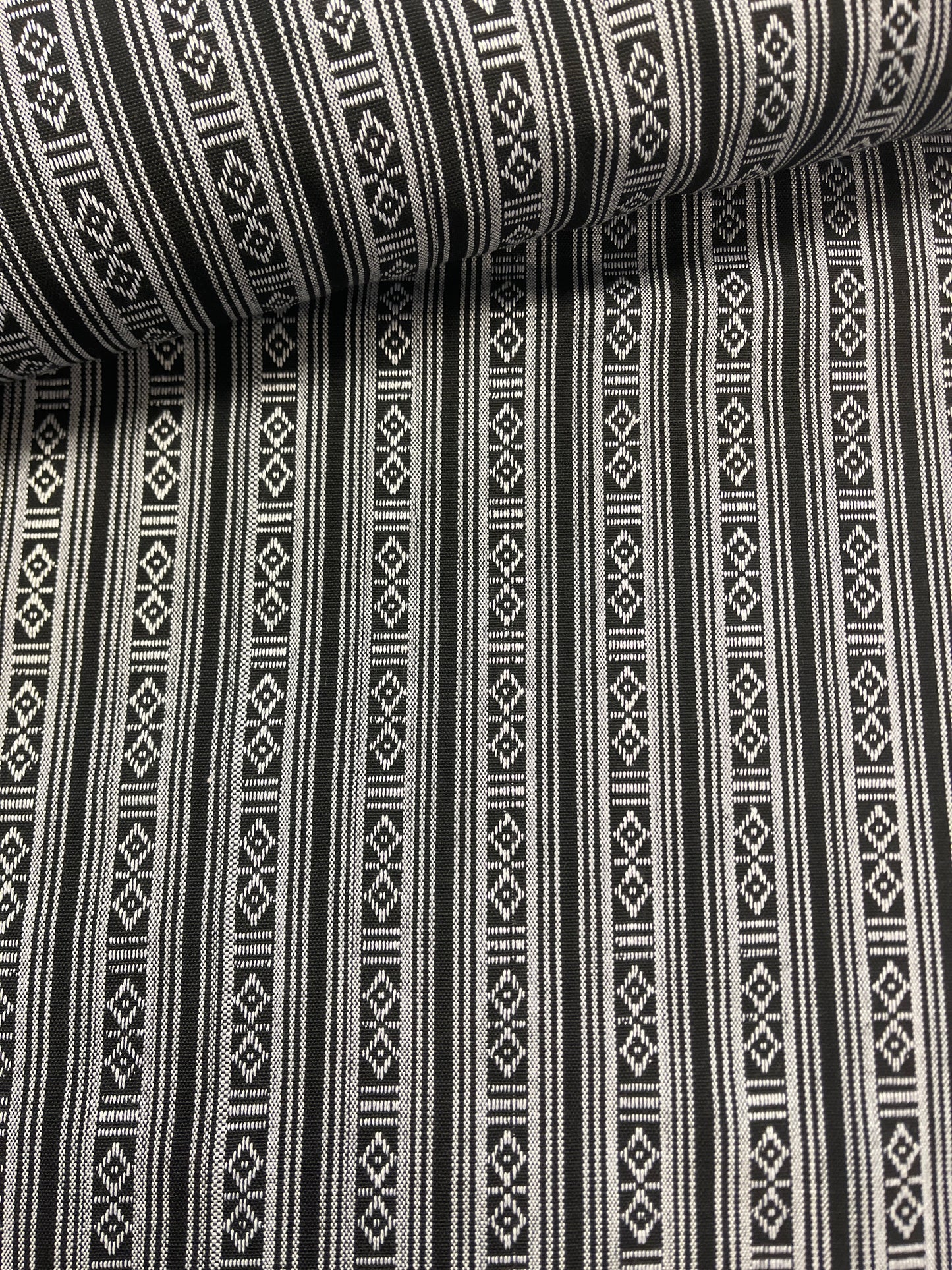 Image of folk pattern fabric - black with white 200 g/m² – available at Šarlotes audumi