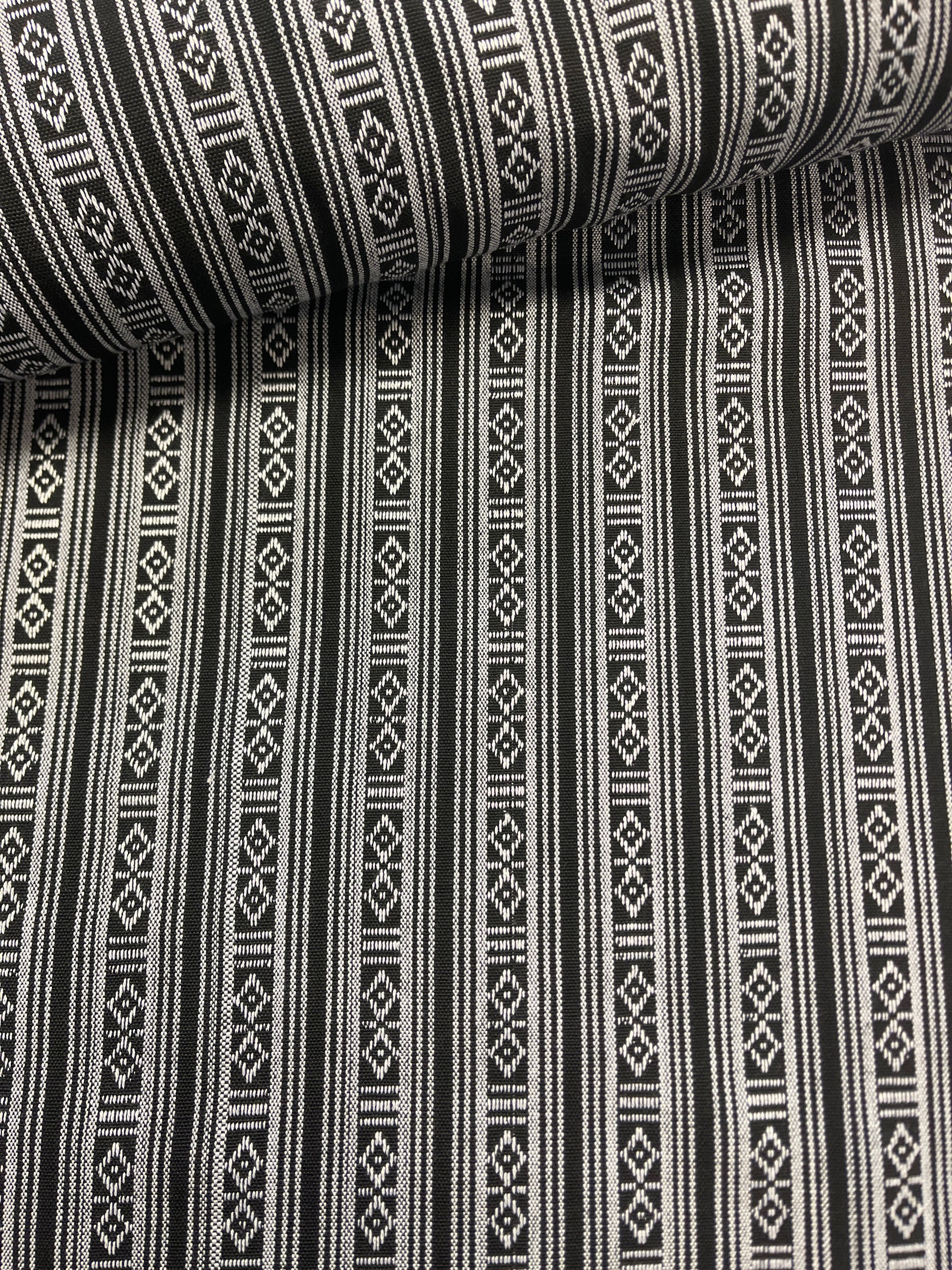 Image of folk pattern fabric - black with white 200 g/m² – available at Šarlotes audumi