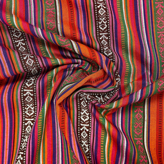 Folk pattern fabric - green, orange with red 200 g/m²