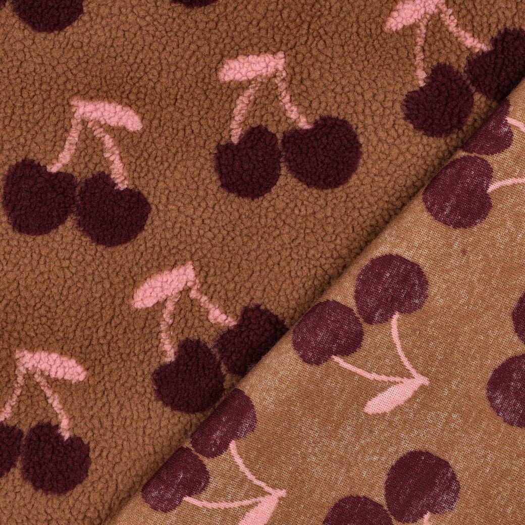 Teddy fleece cherry print – available online at Charlotte's Fabrics
