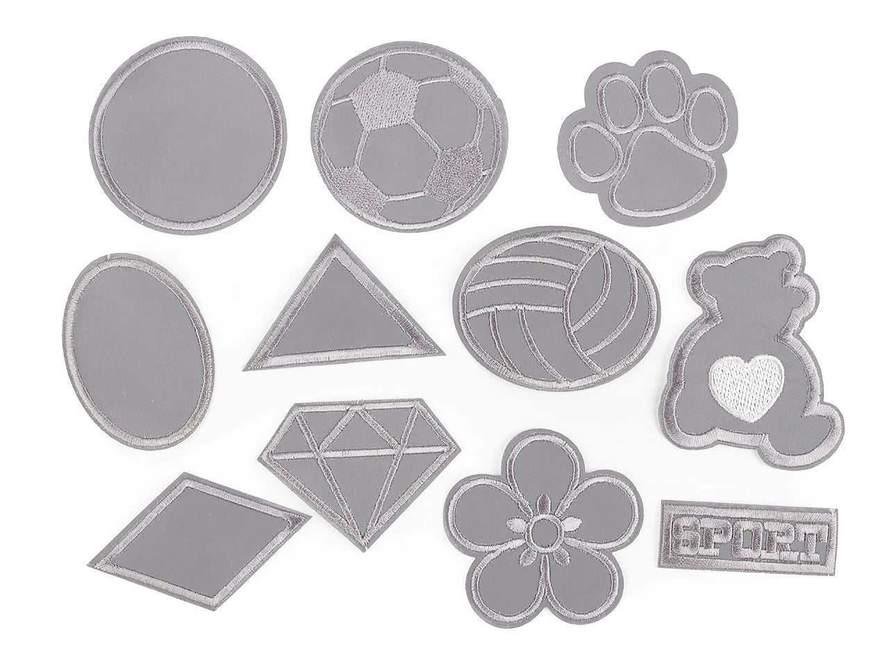 Image of iron-on reflectors, appliqués | various shapes and sizes – available at Šarlotes audumi