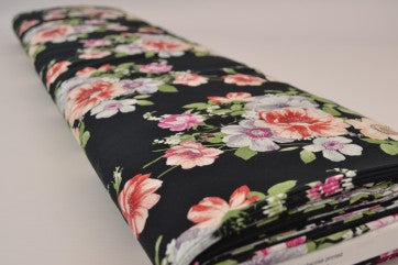 100% Viscose Fabric - Flowers on Black 100 g/m²