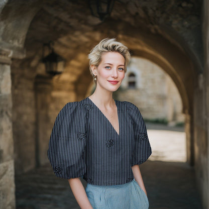 Image of viscose fabric with stripes and a floral pattern – dark blue 130 g/m² – available at Šarlotes audumi