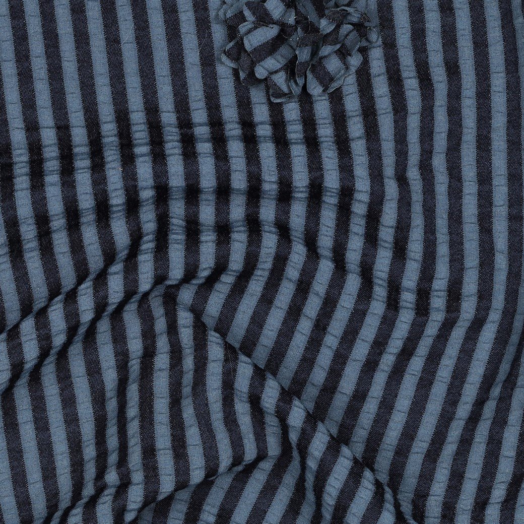Image of viscose fabric with stripes and floral motif – dark blue 130 g/m² – available at Šarlotes audumi