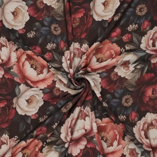 Image of viscose fabric – pink peonies, available online at Charlotte's Fabrics