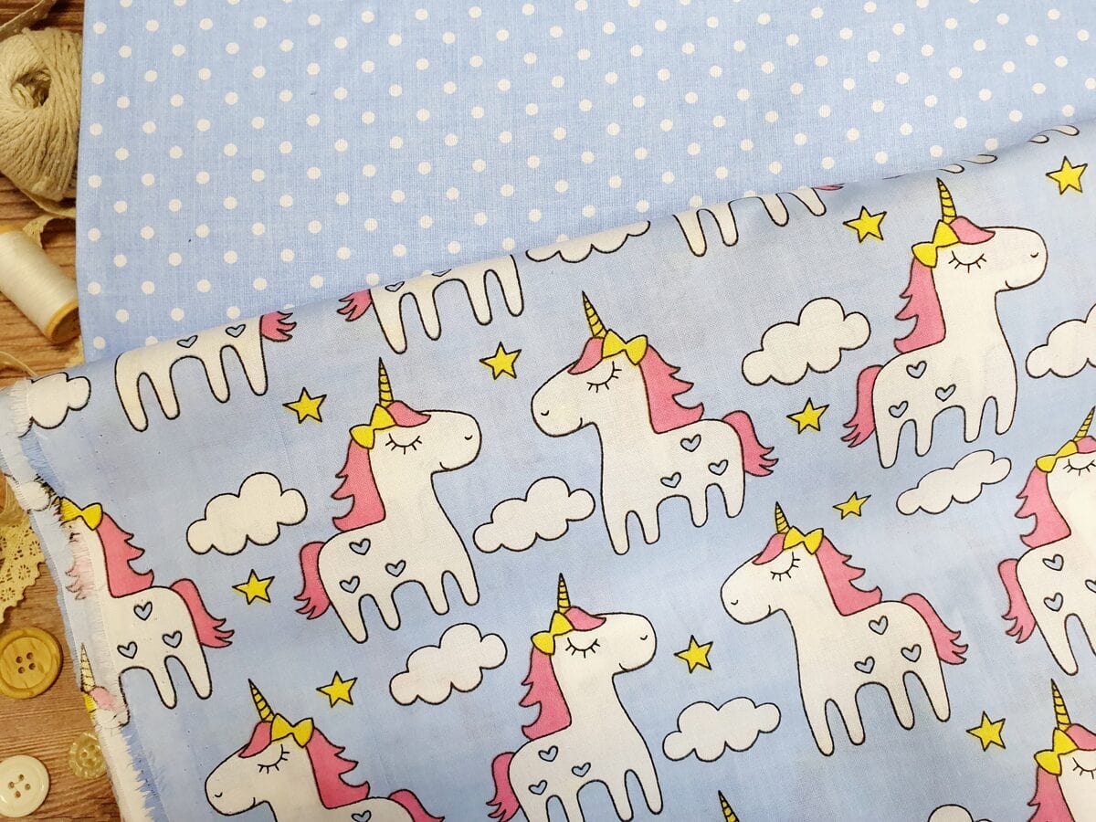 100% Cotton fabric-white polka dots on a blue background (4 mm) 130 g/m²