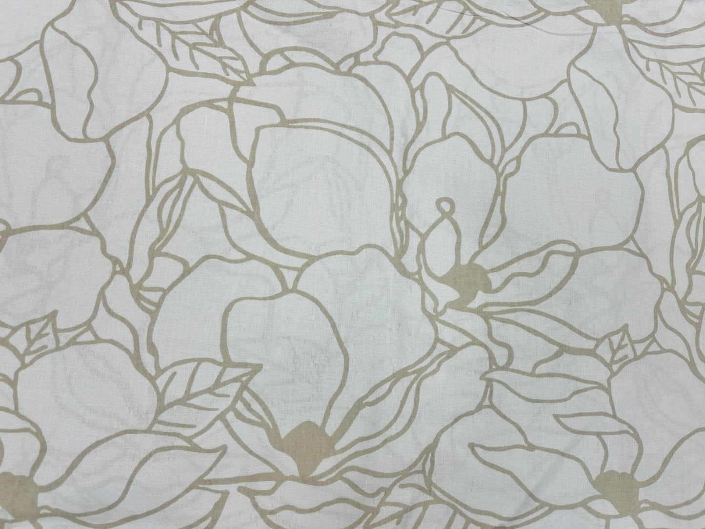100% Cotton fabric - beige floral pattern on a white background 130 g/m²