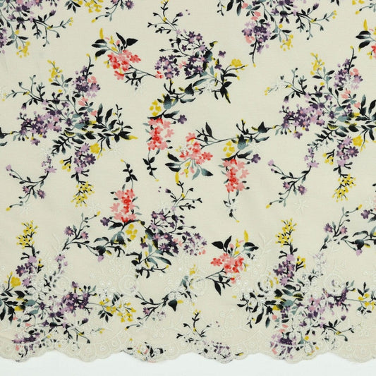 100% viscose fabric with embroidery (1 edge) - light flowers 120 g/m²